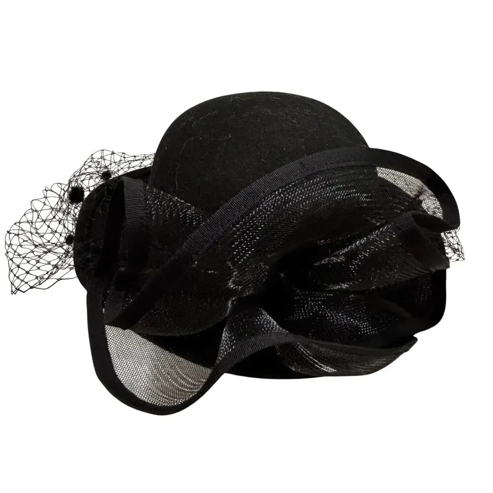 Dressy black felted wool hat large netting bowl & mesh fascinator made in USA
